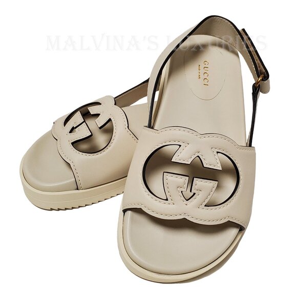 GUCCI SHOES INTERLOCKING G LOGO WHITE LEATHER SLINGBACK SANDALS sz 37.5 7.5 - Picture 3 of 16